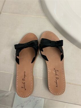 Jack Rogers Black Bow Slide Sandals with Tan Footbed